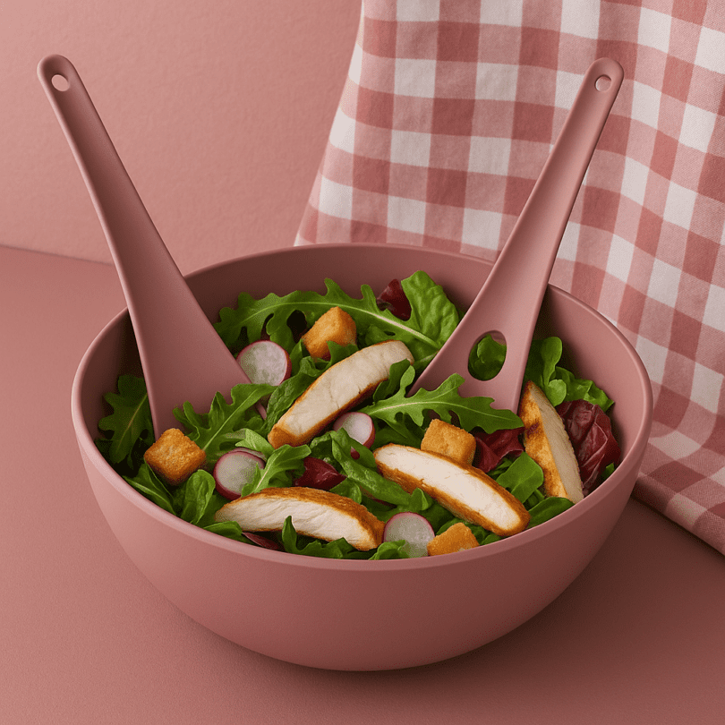 Chicken Salad with Rose Pink Salad Servers and Bowl