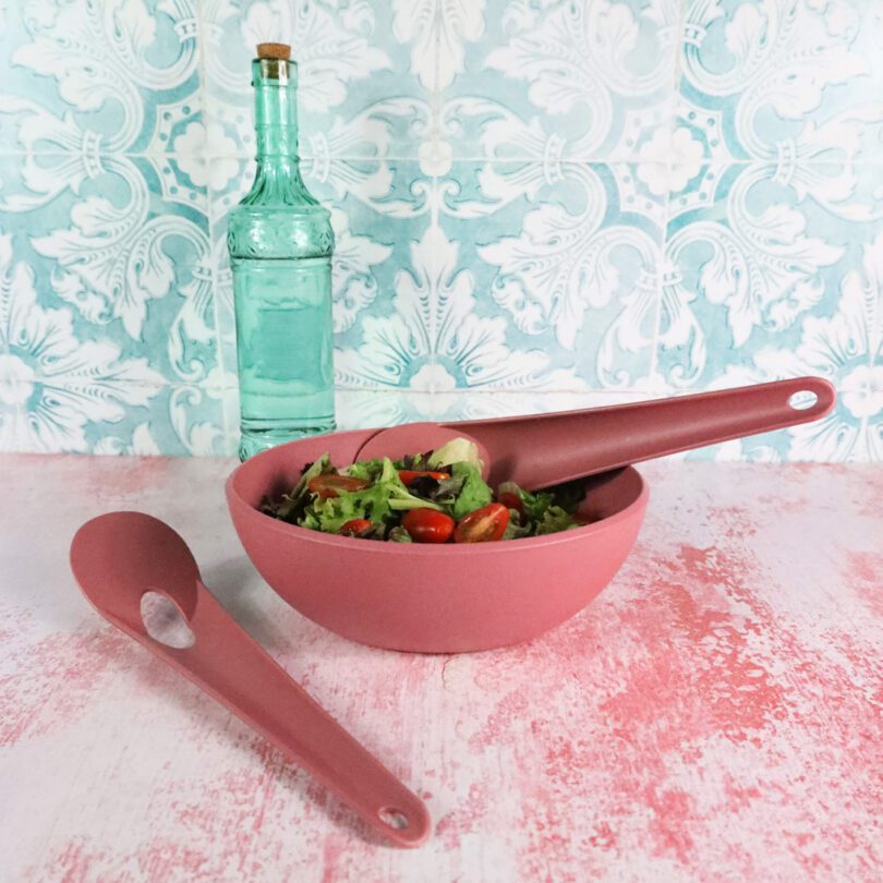 Rose Pink Salad Bowl with Servers in Use