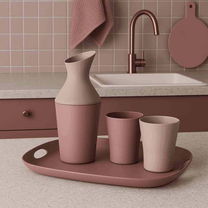 ReAmo Rose Pink Tray with Carafe and Tumblers in Kitchen Setting
