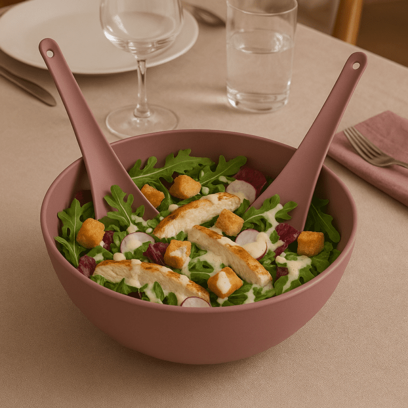 Rose Pink Salad Server Set at Dinner Table