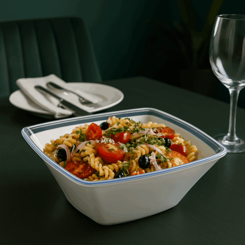 Sharing Pasta Dish In Square Large Serving Bowl
