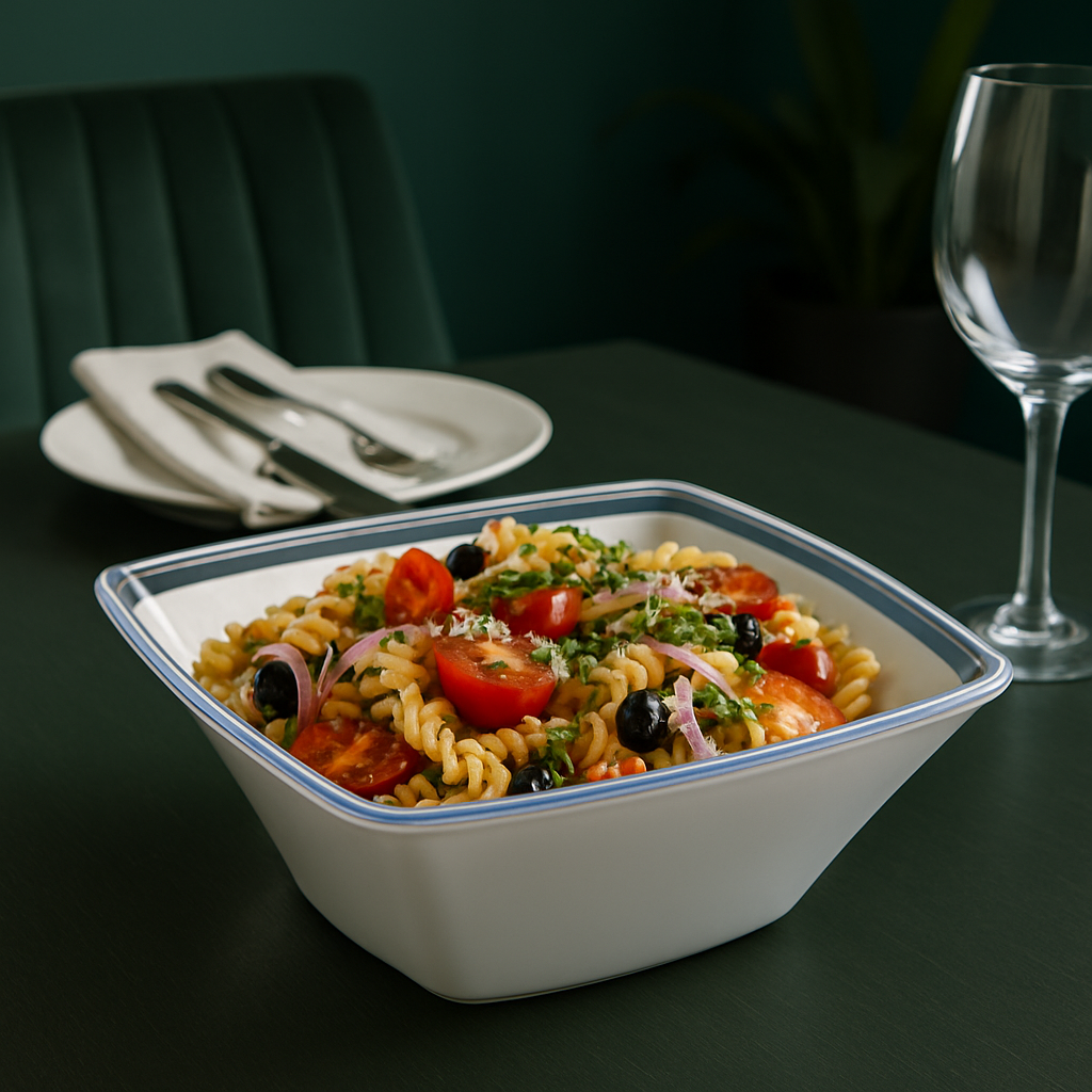 Sharing Pasta Dish In Square Large Serving Bowl