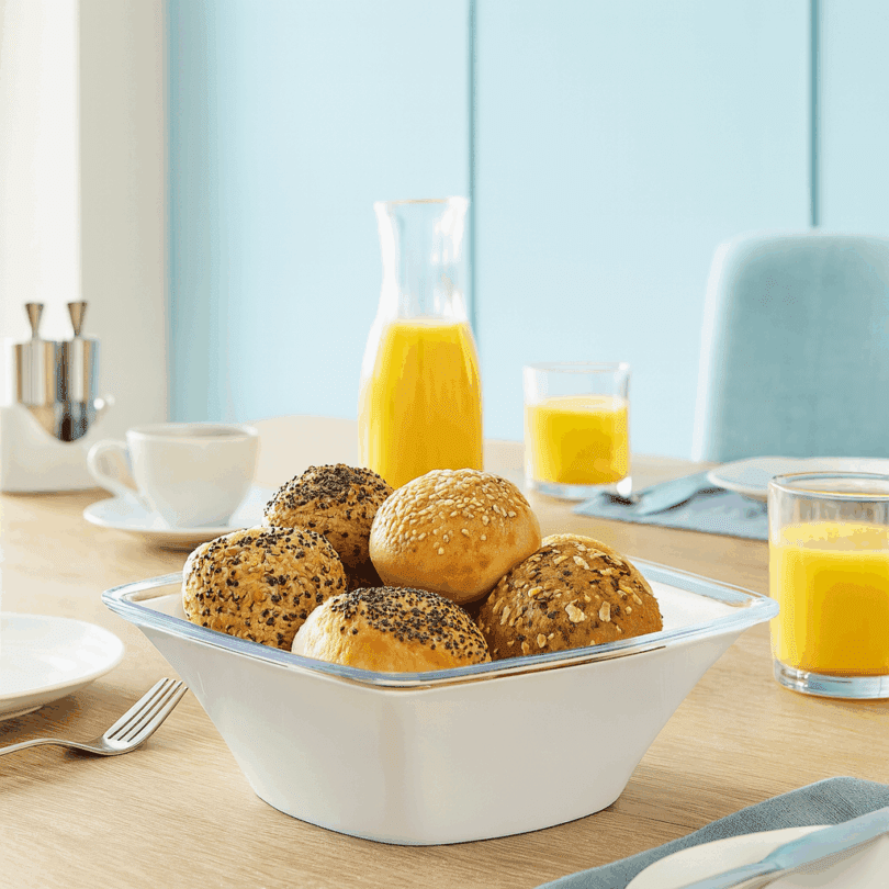 Square Large Serving Bowl with Bread Rolls in Breakfast Setting