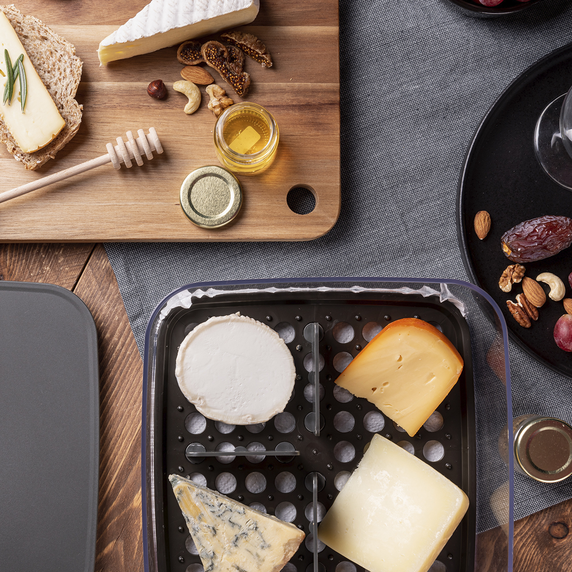 Selection of Speciality Cheeses in Fridge Storage Box