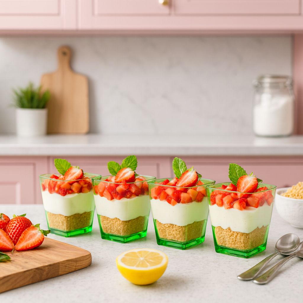 Individual Layered Desserts in Small Green Dessert Cups