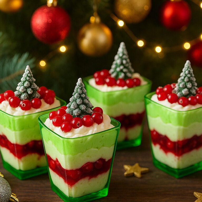 Small Green Dessert Cups with Christmas Themed Desserts