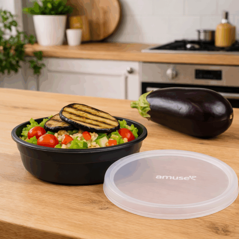 AmusePro 750ml Round Container and Lid with Aubergine Salad