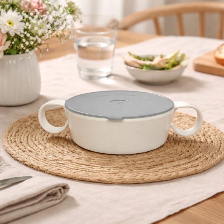 2 handled bowl with hi heat lid in home setting