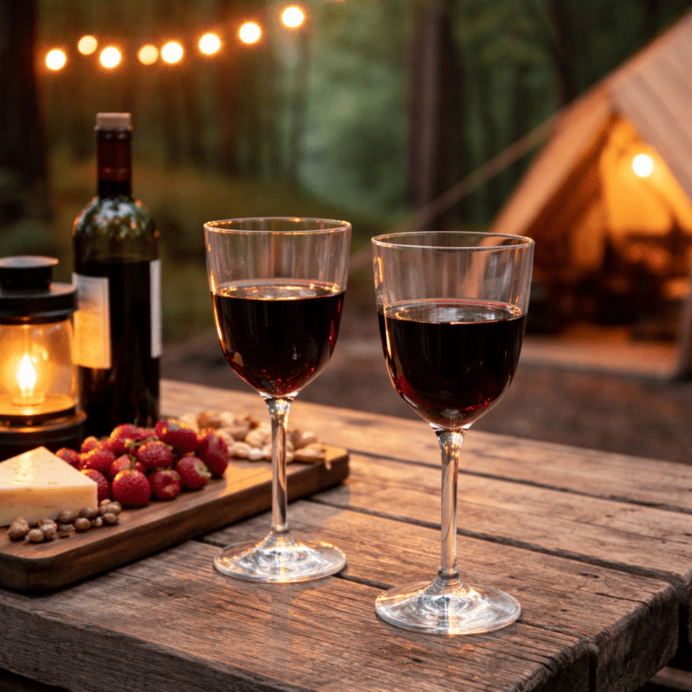 Aura Wine Gasses in Glamping Setting with Cheese Board