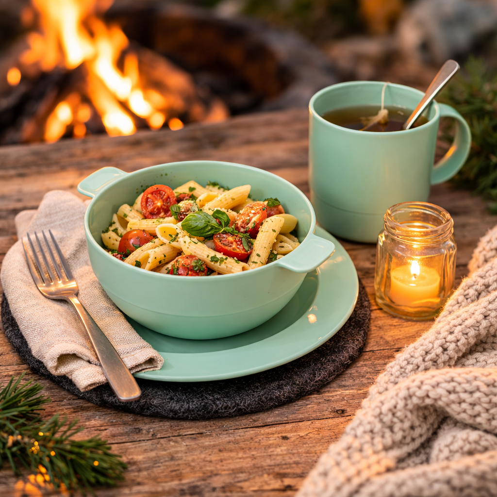 Bio Camping Dining Set in Mint Green in Campfire Setting