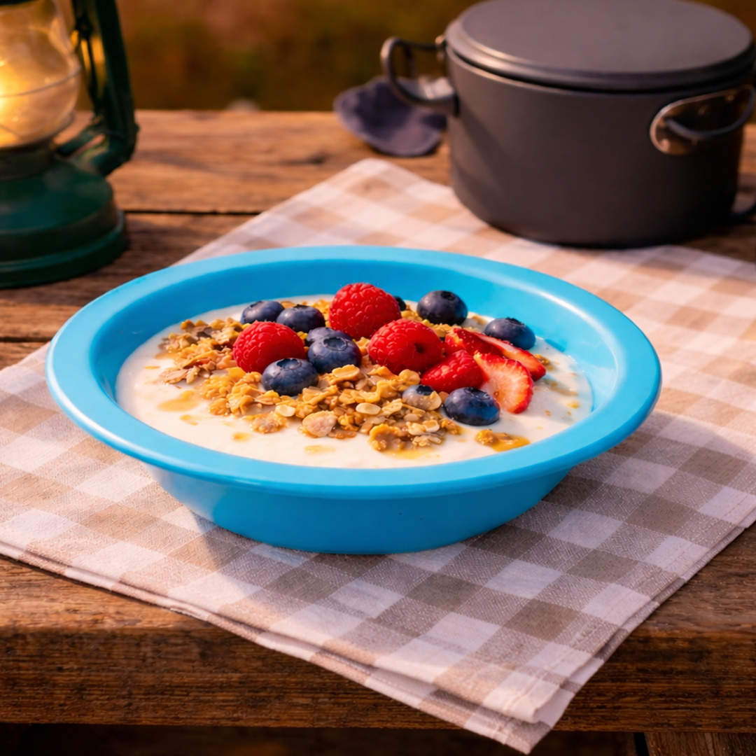 small blue camping bowl in camping setting