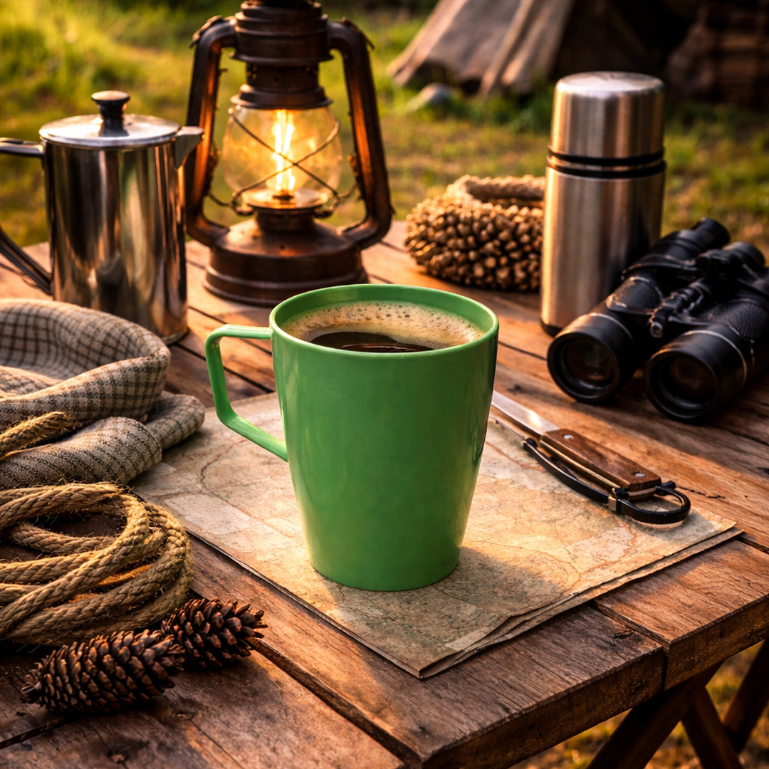 Green cup with handle in an outdoor camping setting