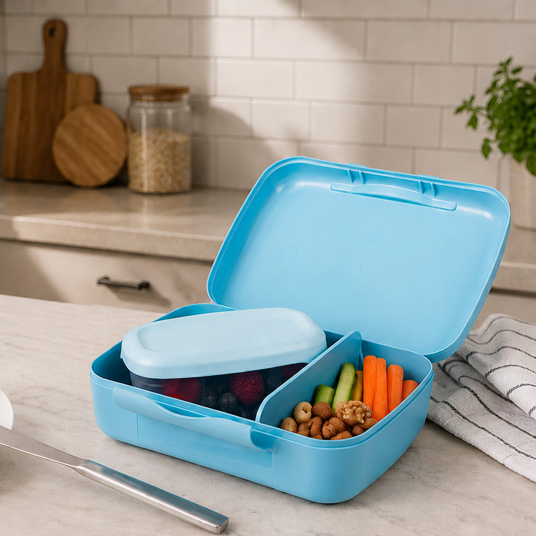 Blue Amuse Compartment Lunch Box in in modern kitchen setting
