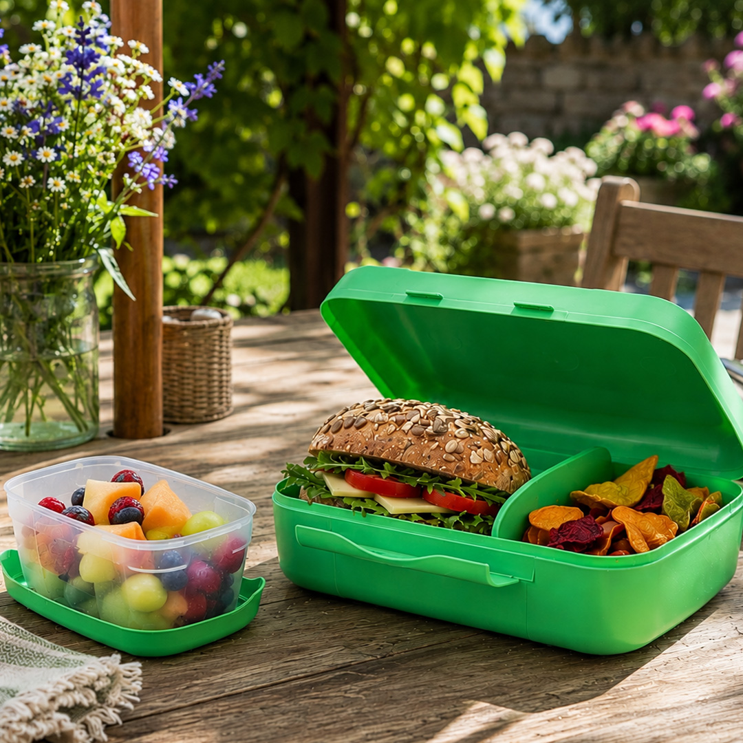 Green Amuse Compartment Lunch Box in garden summer setting