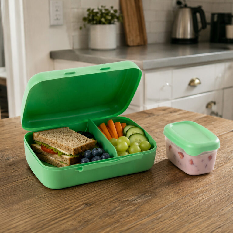 Green Amuse 2 Compartment Lunch Box in kitchen setting