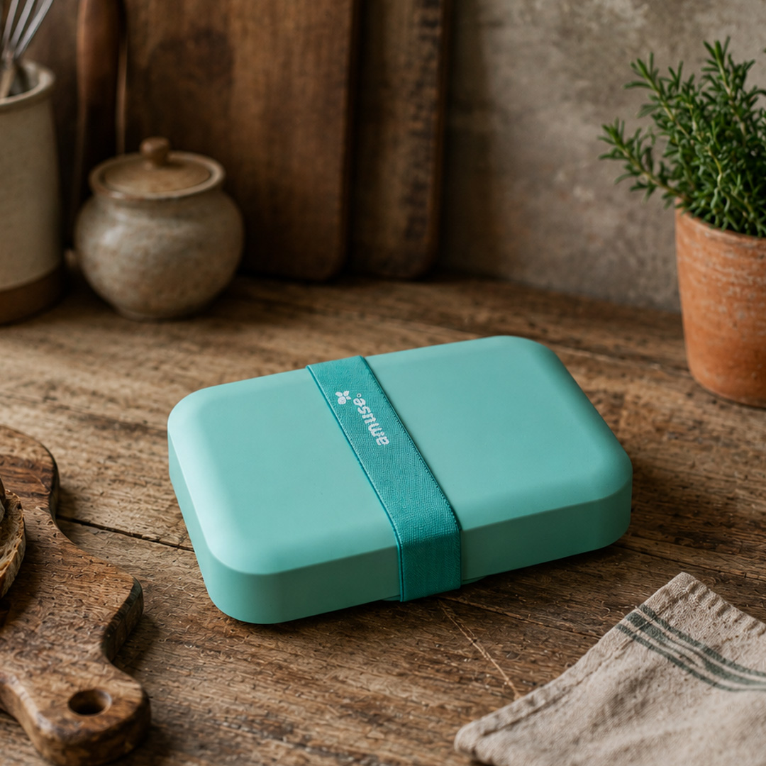 Large BPA FREE green lunchbox in rustic kitchen setting