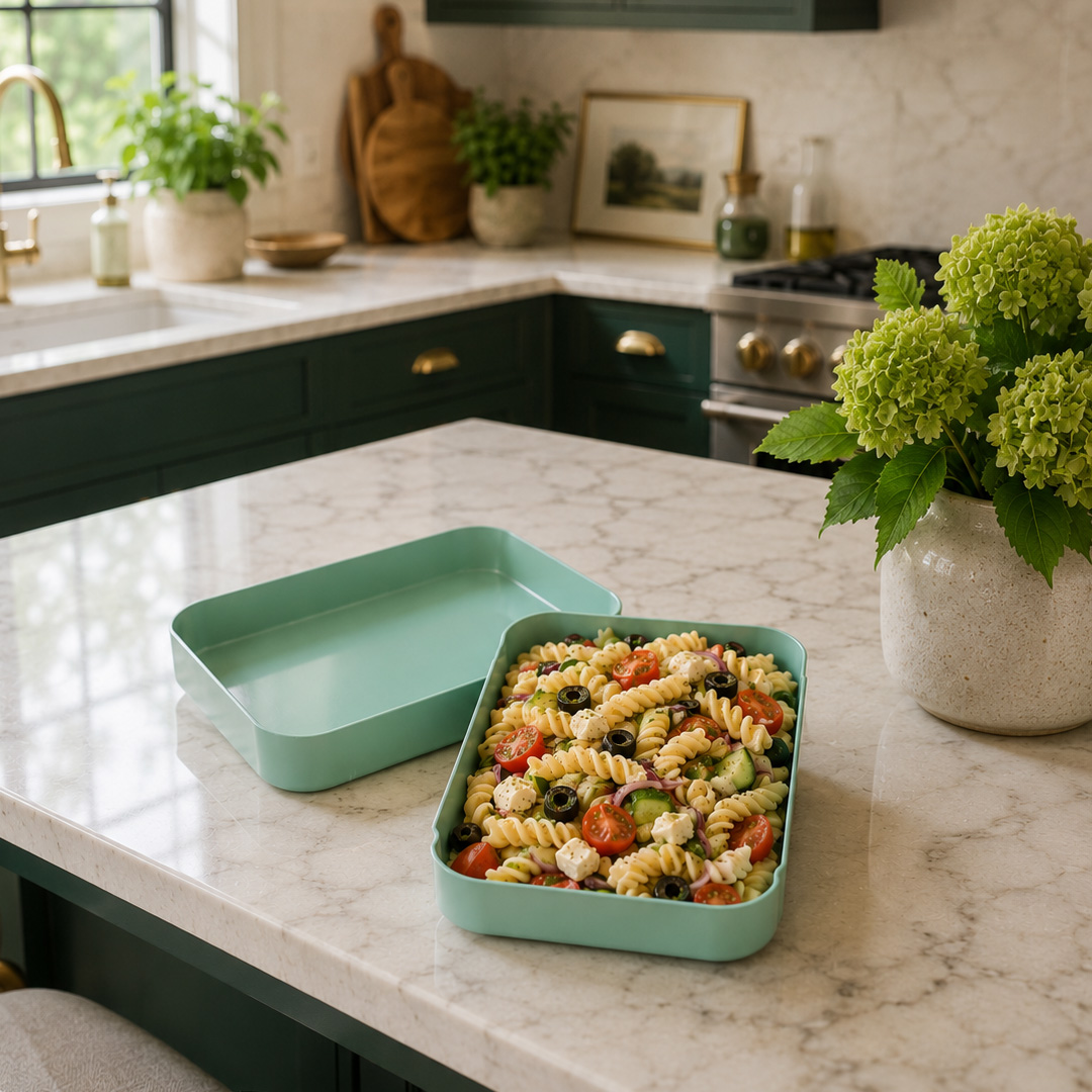 large BPA FREE green lunchbox with pasta in modern kitchen
