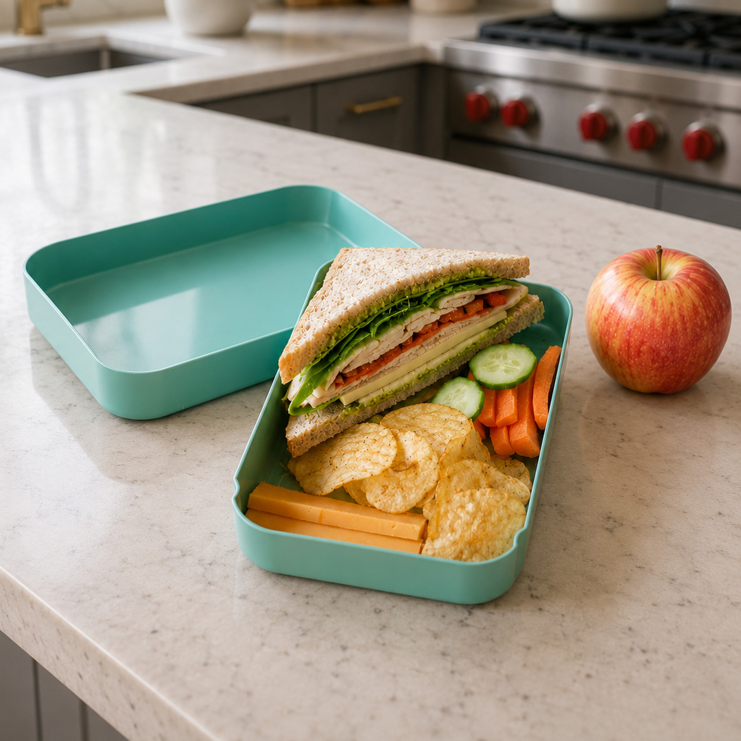 Large BPA FREE green lunchbox with sandwich in kitchen setting