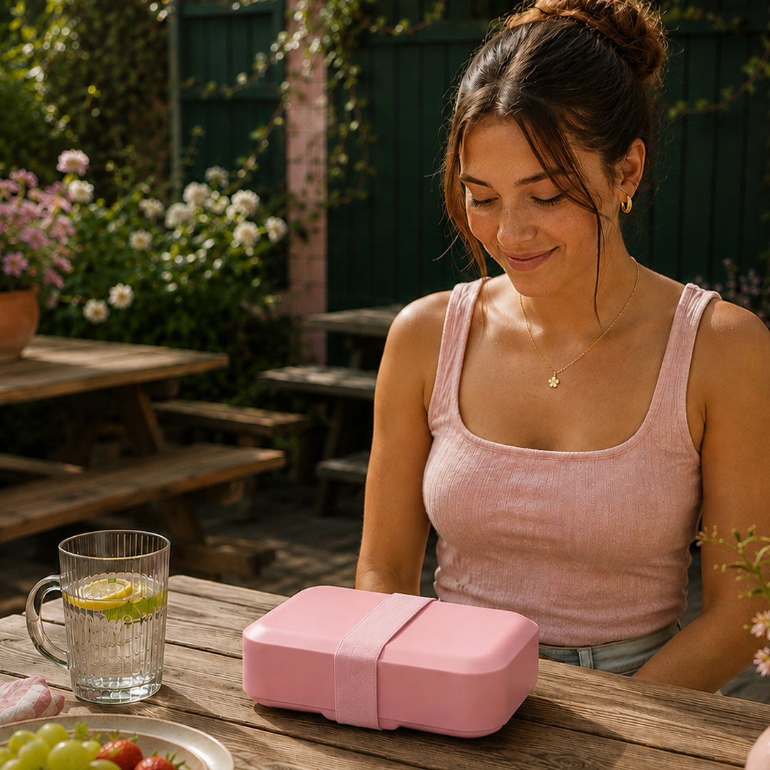 Amuse pink 650ml Adjustable lunchbox in outdoor setting