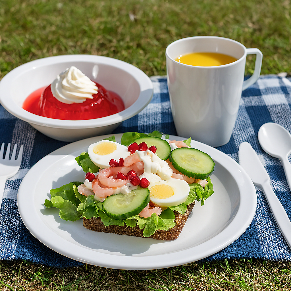 Sandwich and Jelly Dessert on White Camping Set in Picnic Setting