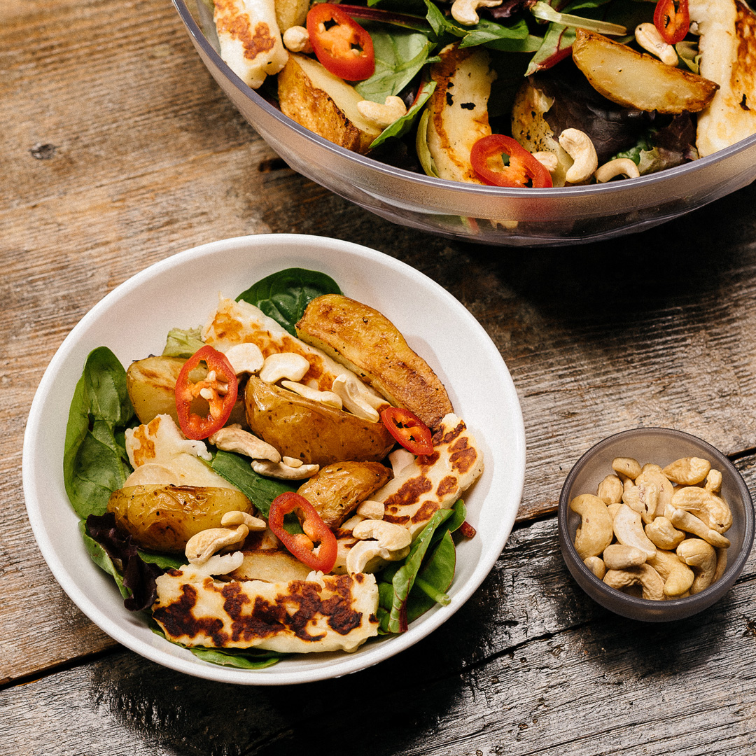 White Plastic Bowl with Halloumi Salad