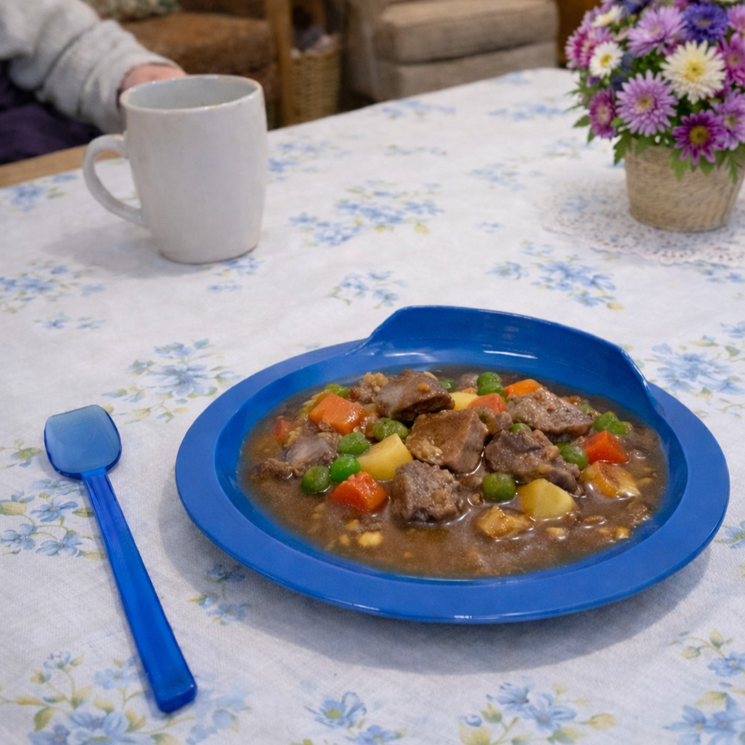 Blue feeding spoon with assisted living plate i. care home