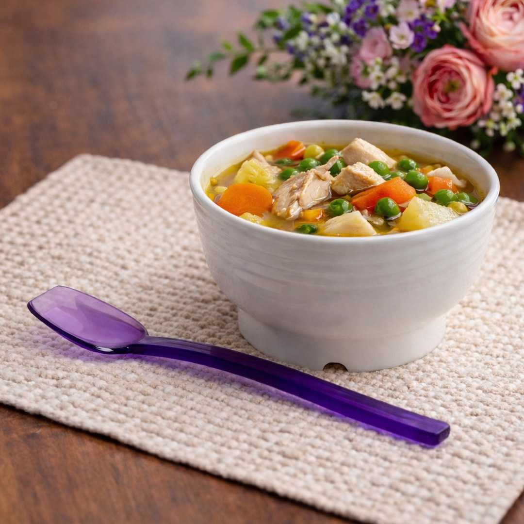 Purple narrow flat edge spoon with soup in whit bowl on a table