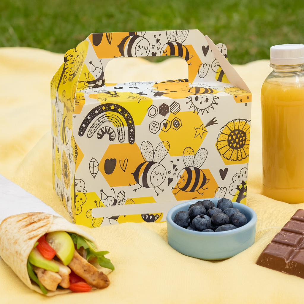 Bee Print Cardboard Lunch Box in Picnic Setting