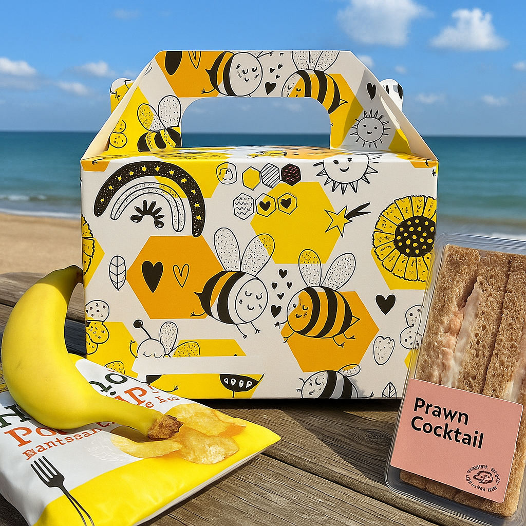Bee Print Cardboard Lunch Box in Seaside Lunch Setting