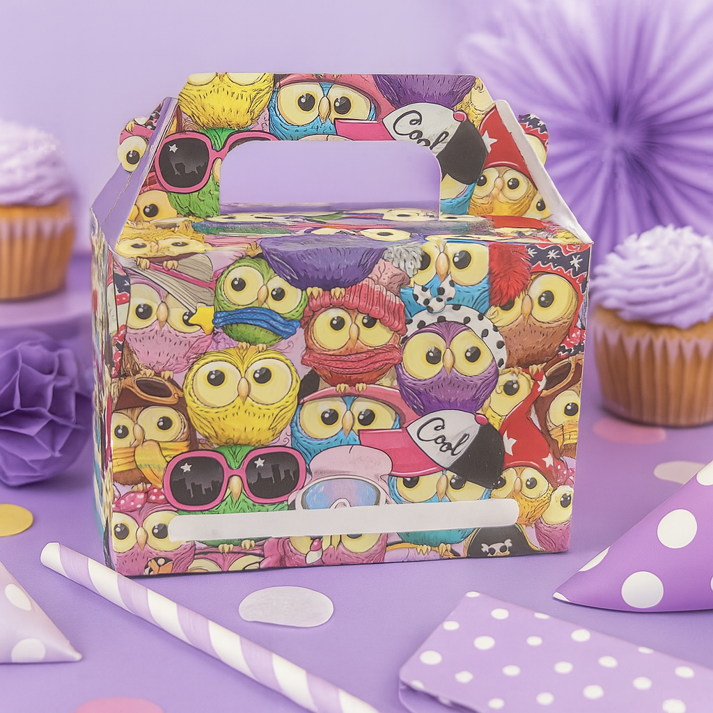 Owl Print Party Boxes in Purple Theme Setting