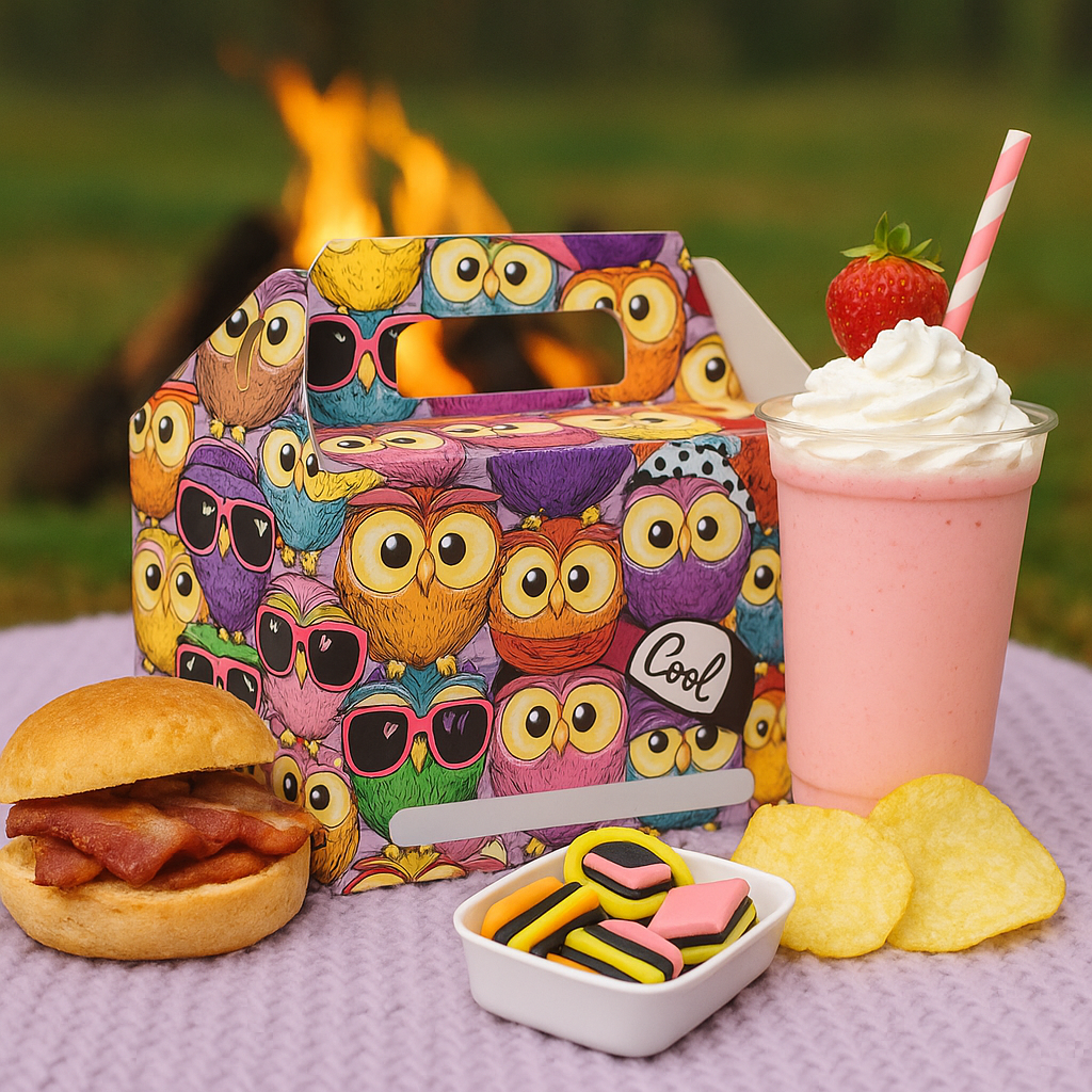 Owl Print Party Boxes in Camping Setting