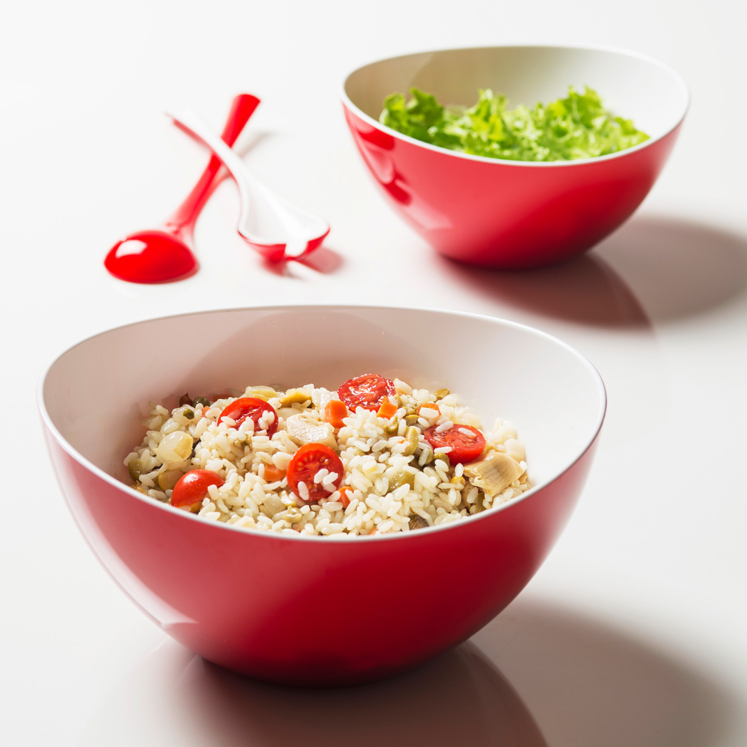 Risotto in a Red Curved Serving Bowl