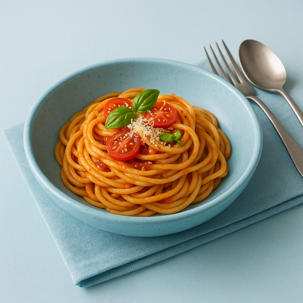 Medium Blue Speckle Walled Bowl with Pasta Dish