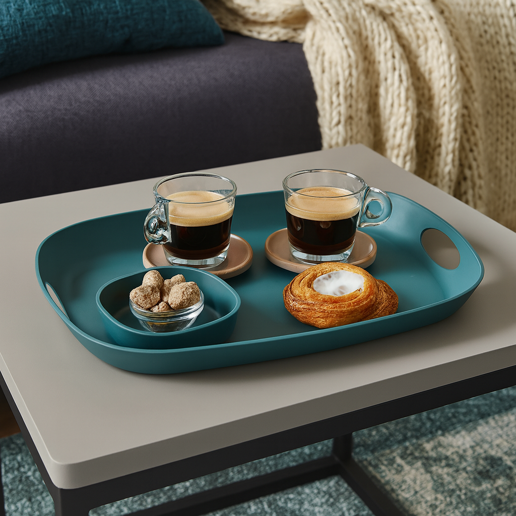 ReAmo Teal Serving Tray with Coffee and Pastries in Living Room Setting