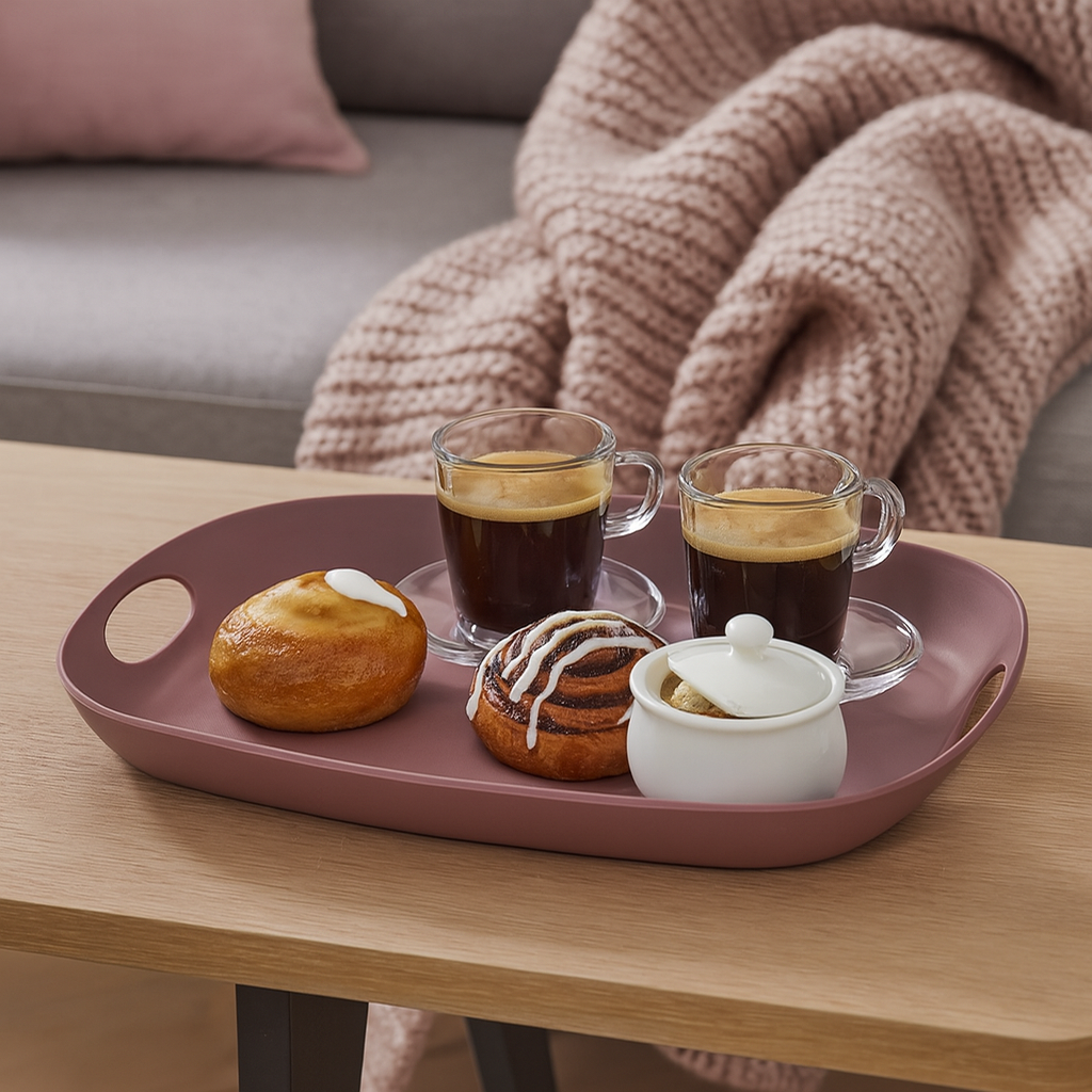 ReAmo Pastel Pink Serving Tray with Coffee and Pastries in Living Room Setting