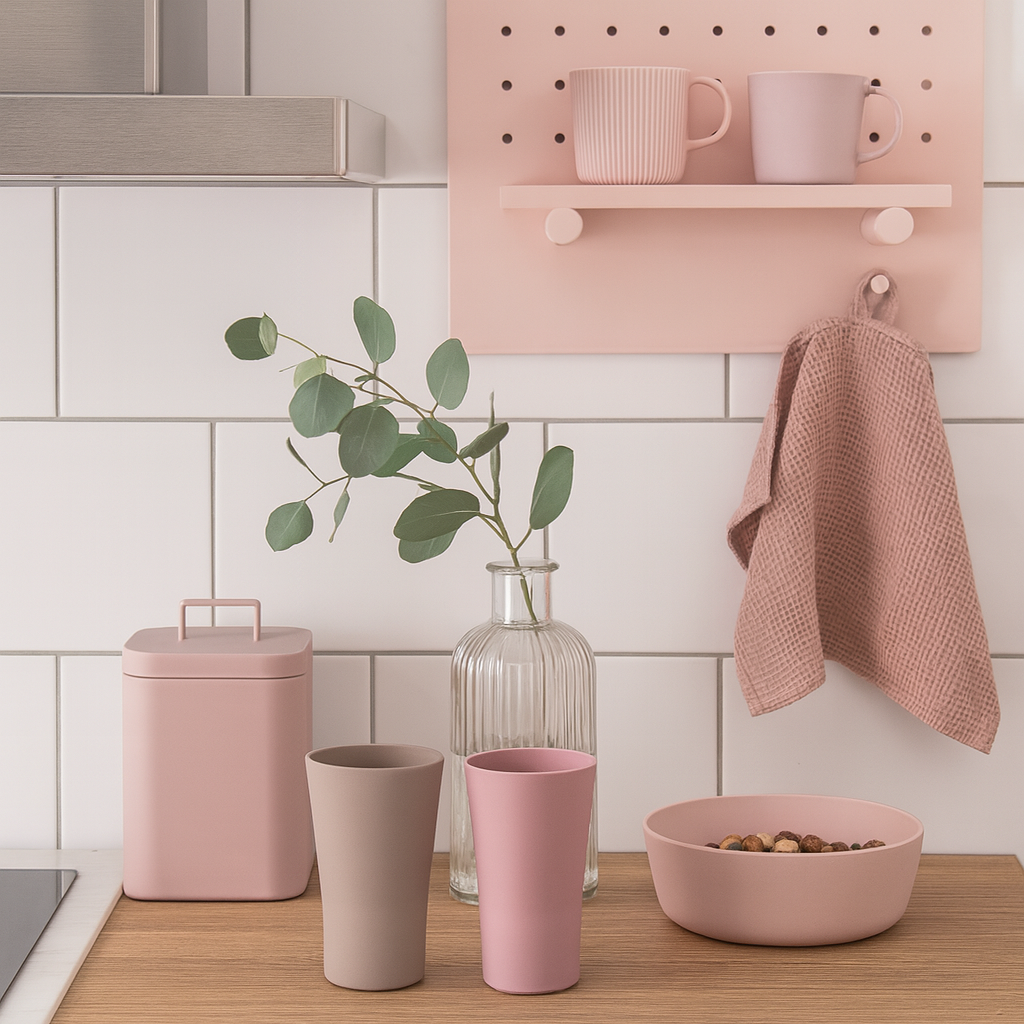 ReAmo 440ml Two Tone Pastel Pink Tumblers in Kitchen Setting