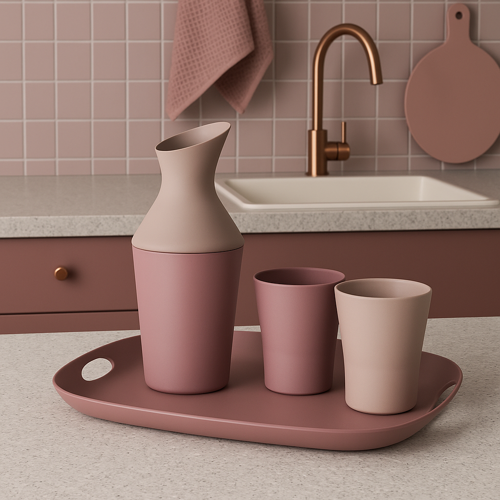 ReAmo Rose Pink Tray with Carafe and Tumblers in Kitchen Setting
