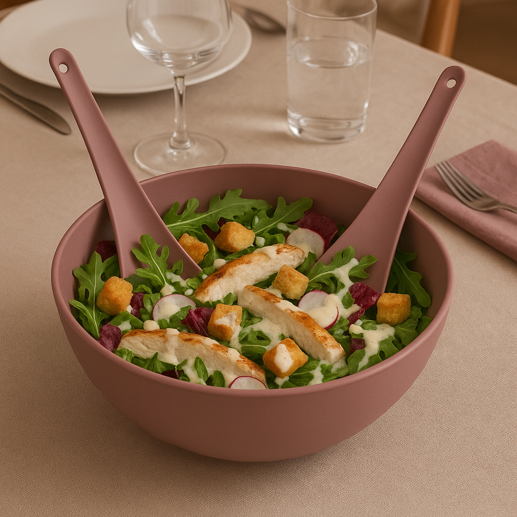 Rose Pink Salad Server Set at Dinner Table