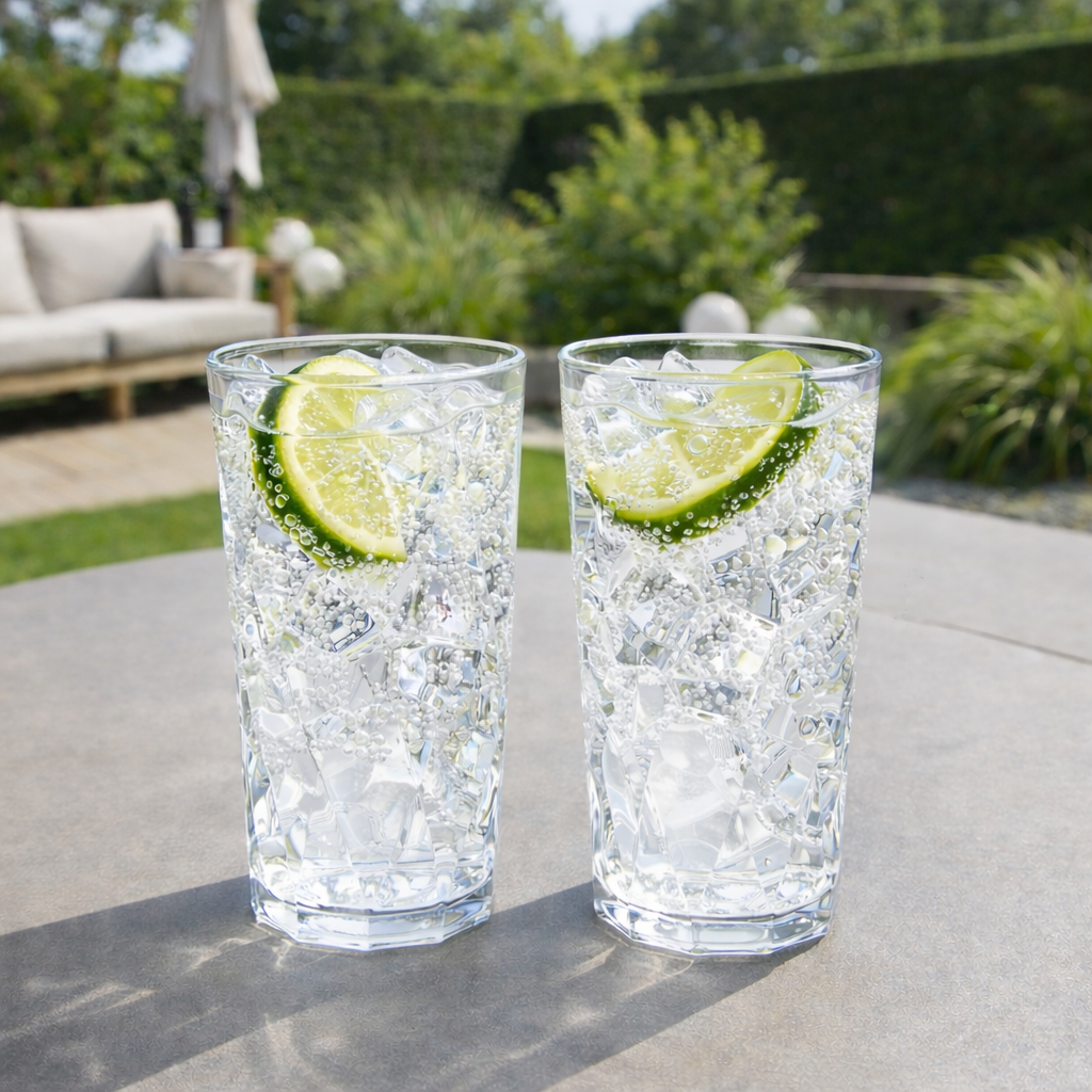 Large Diamond Tumblers with Soda in Garden Setting