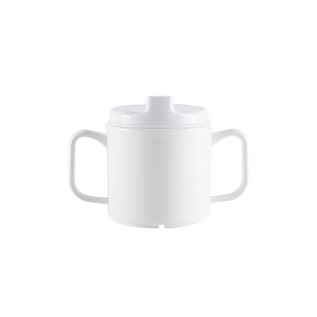 White 2 handled cup with Sippy lid white background
