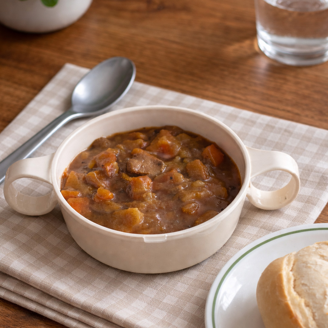 2 handled bowl with beef stew
