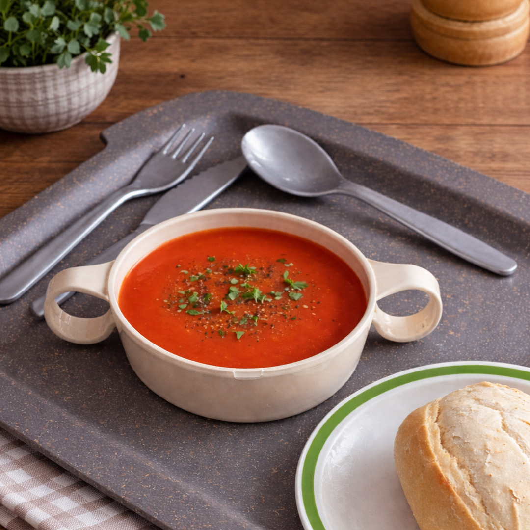 2 handled bowl with tomato soup