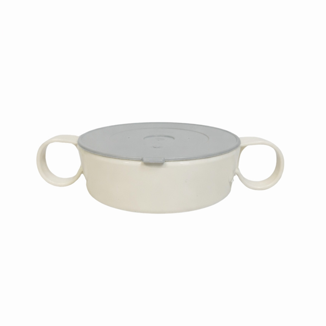2 handled bowl with lid on white background