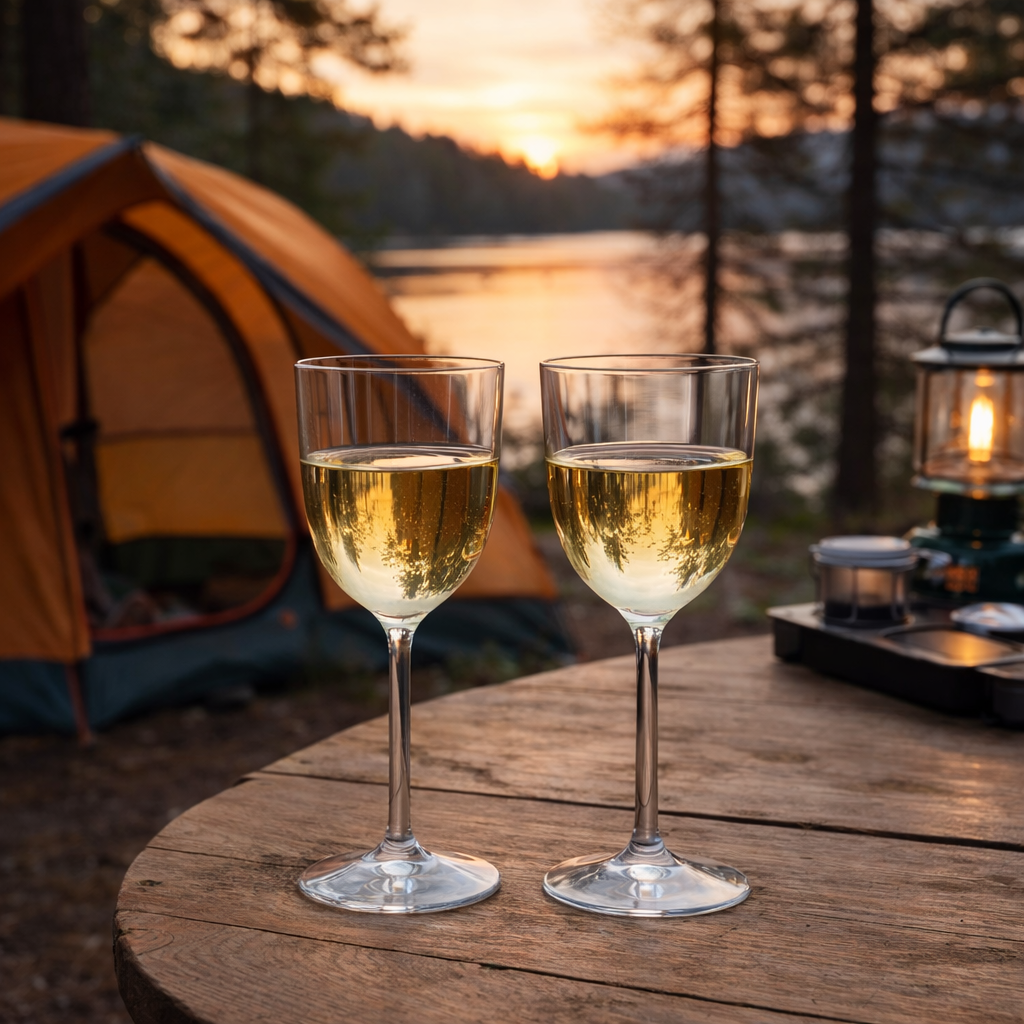 White Wine Aura Glasses in Camping Setting