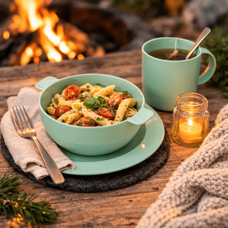 Bio Camping Dining Set in Mint Green in Campfire Setting