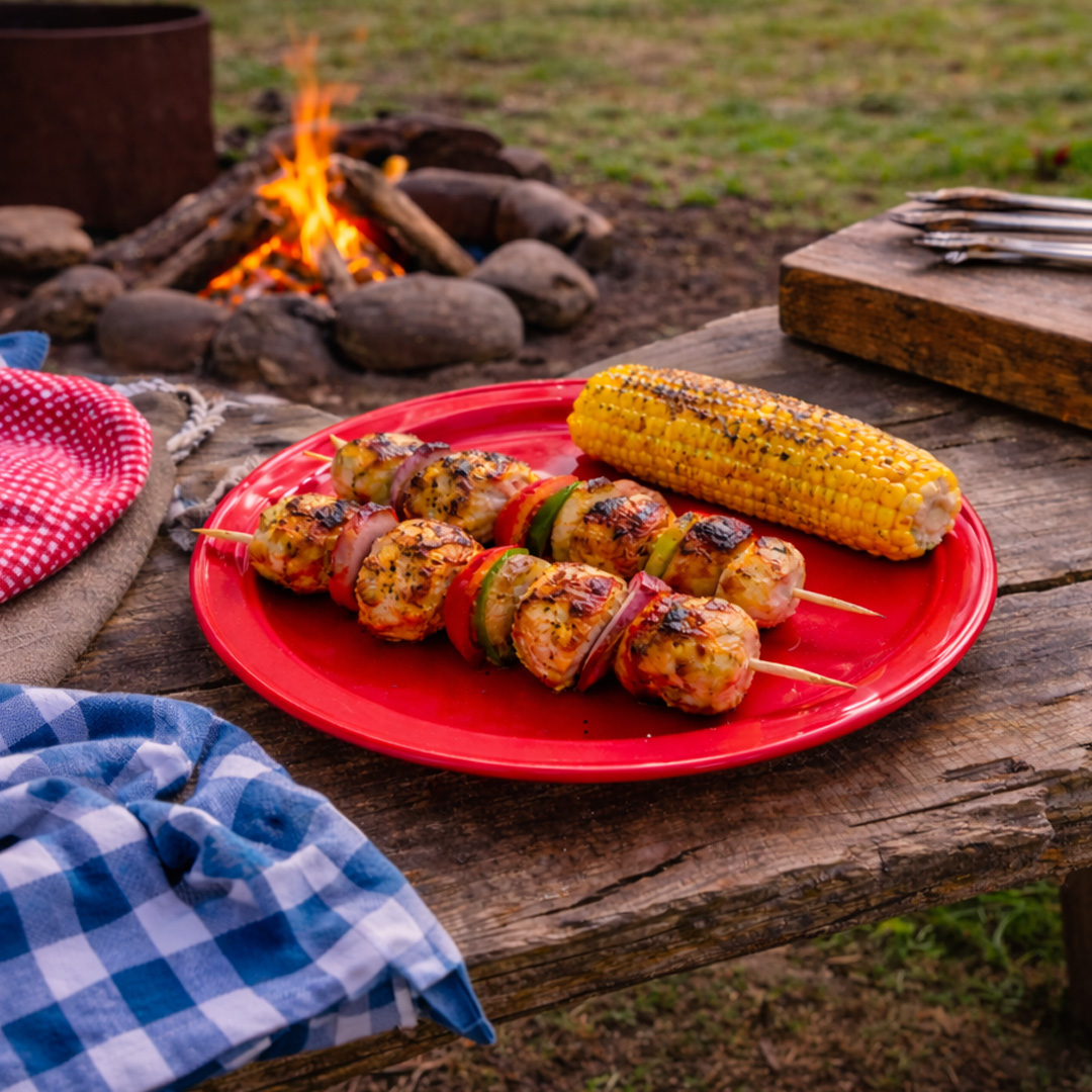 large red plate in camping setting with kebab