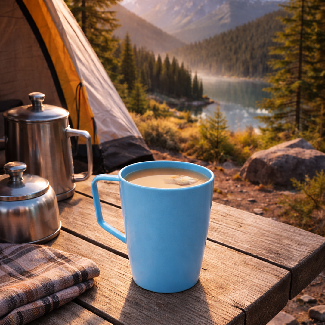 blue outdoor cup with handle in mountain setting with tea