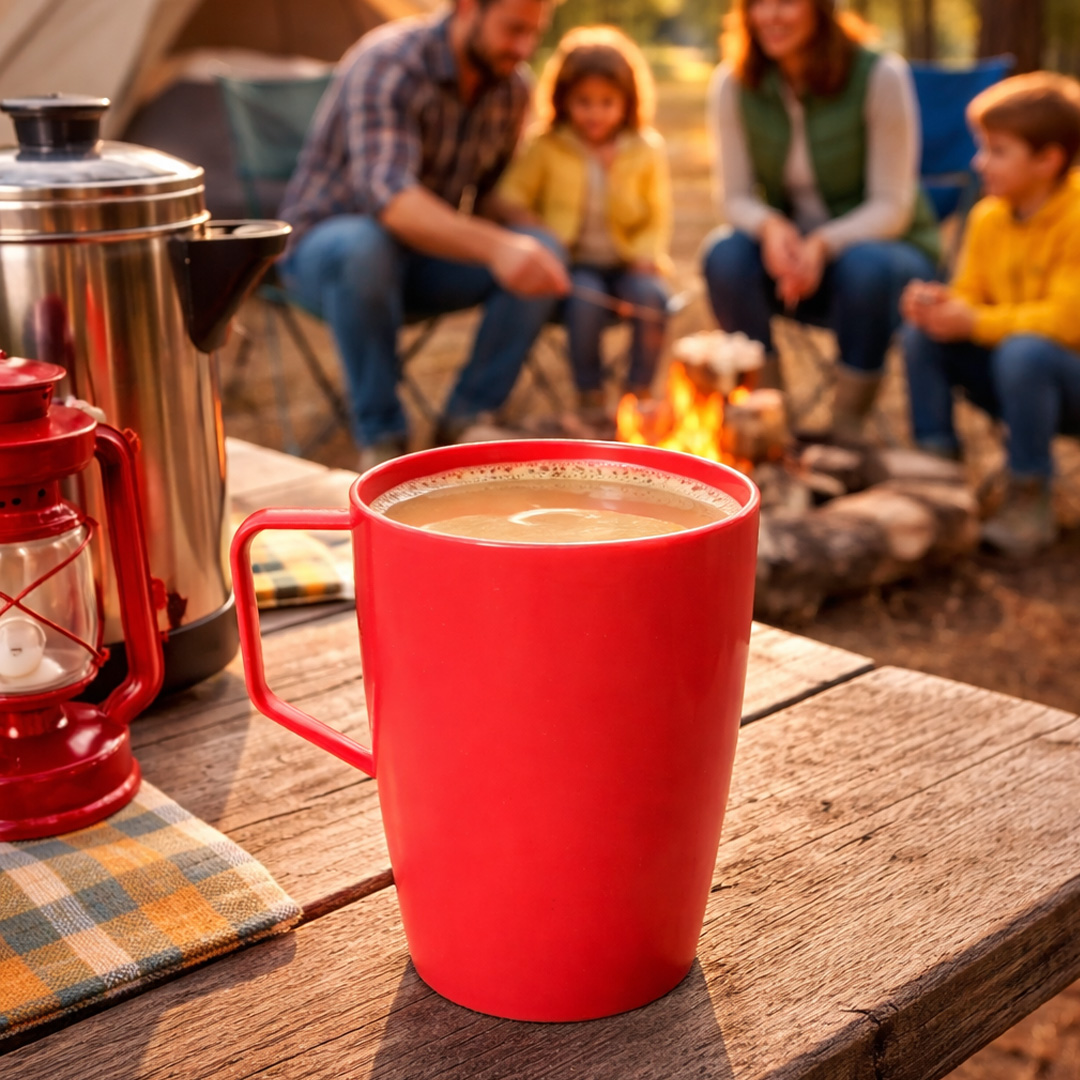 red outdoor cup with handle in camping setting