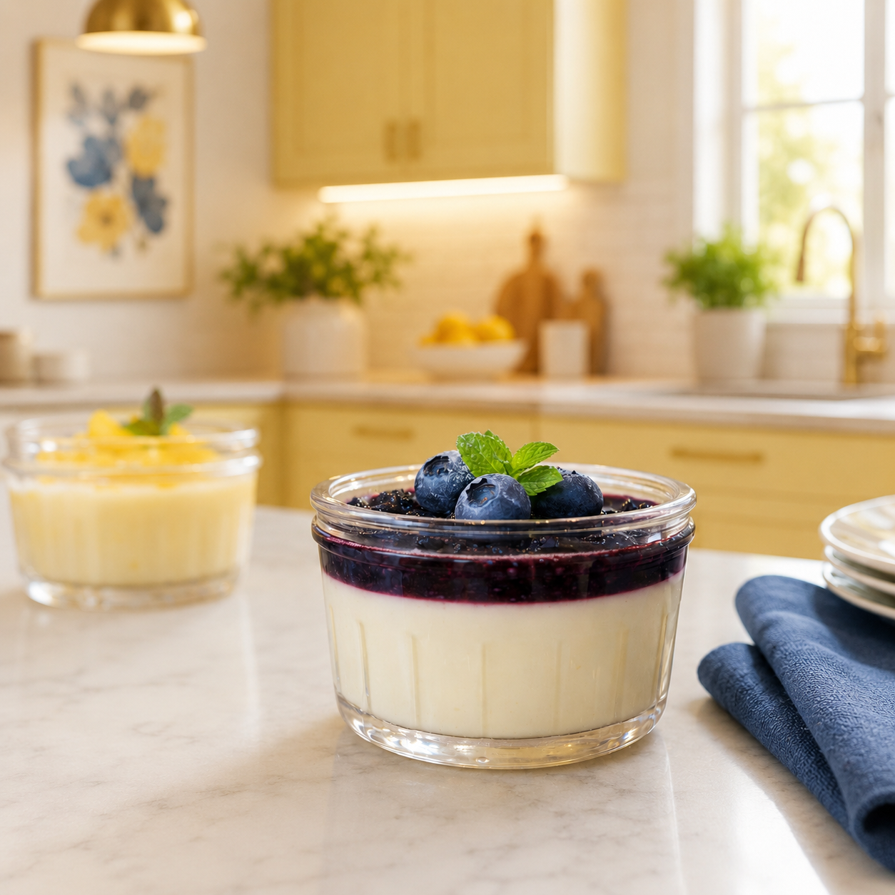Dessert Ramekins with Panna Cotta in Home Kitchen