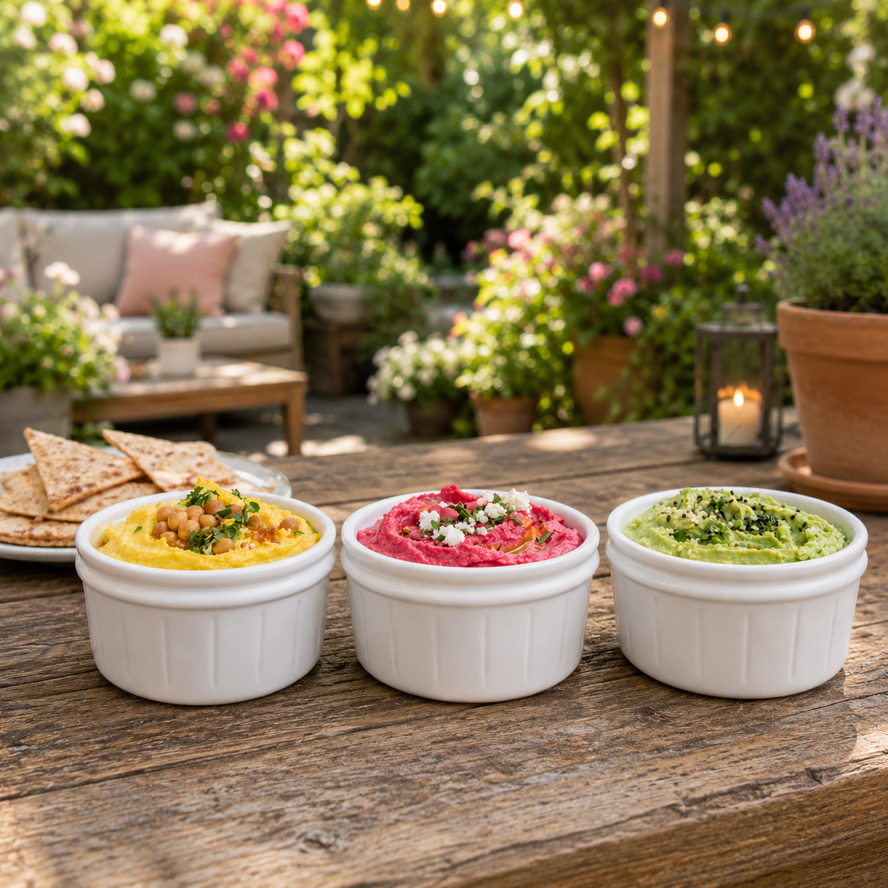 White Ramekins with Selection of Dips in Garden Setting